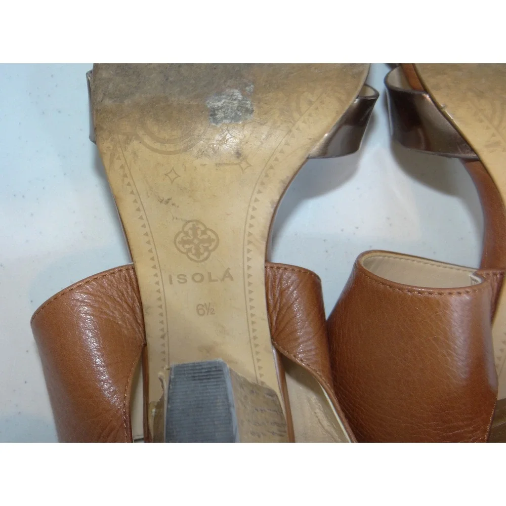 Isola Brown Leather and Metallic Bronze‎ Block Heel Sandals 6.5M 6318100